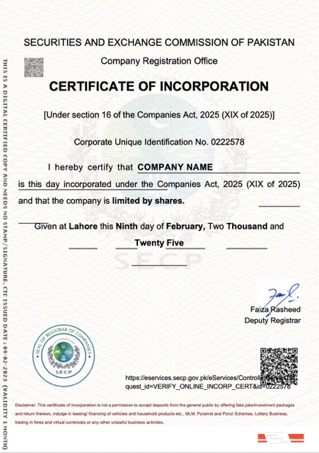 Pakistan certificate of incorporation Word and PDF template